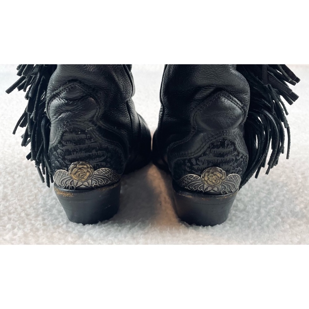 (VTG) ZODIAC • Black Genuine Leather Studded Fringe Western Cowboy Boots, 5.5 - Picture 12 of 16